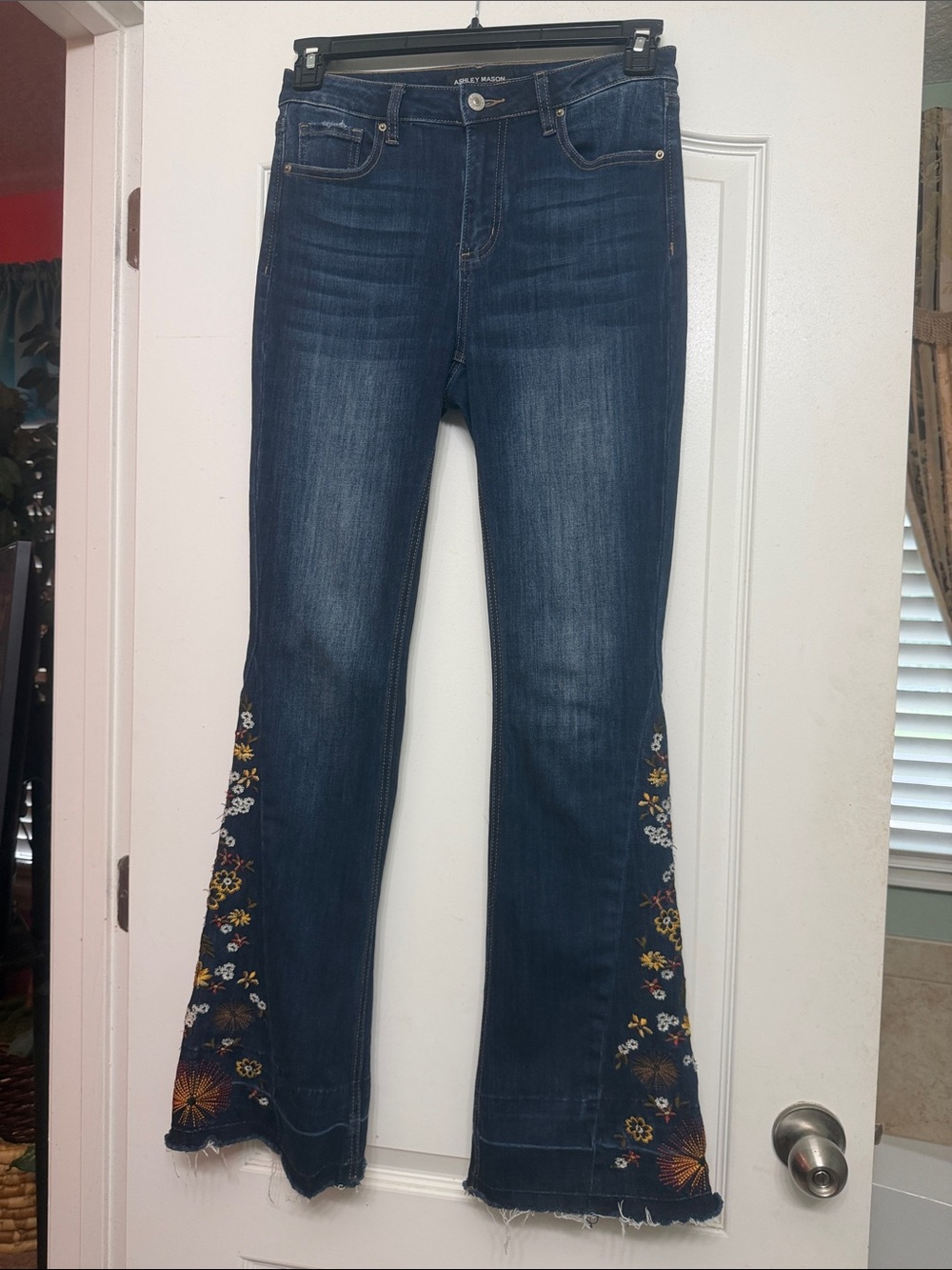 Ashley Mason Navy Denim Flare Jeans with Multicolor Floral Embroidery